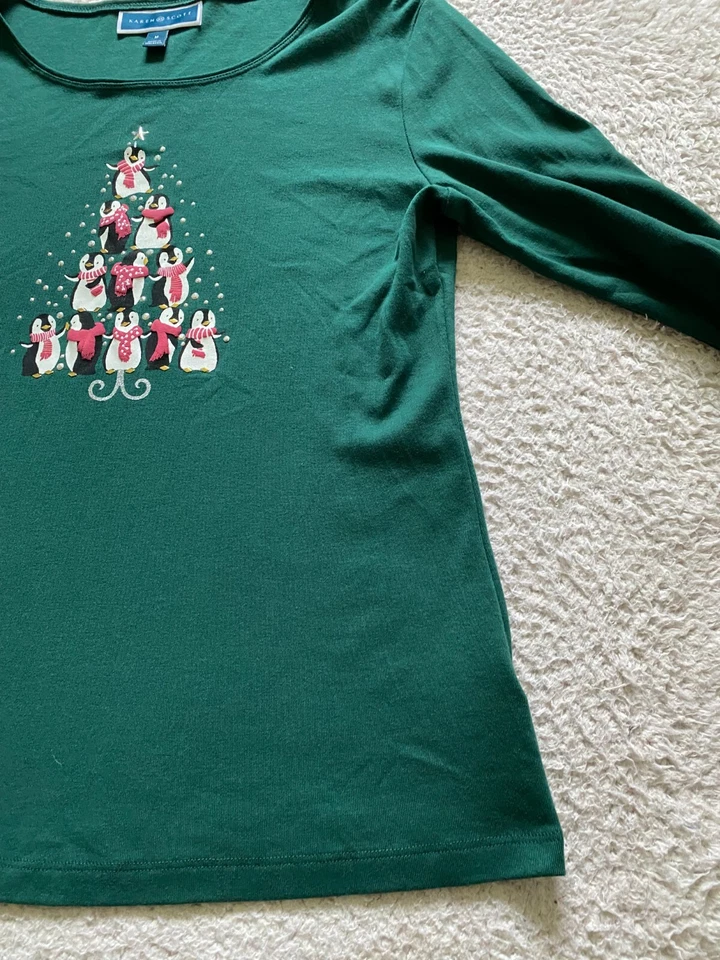 Camiseta Karen Scott Mujer Pingüino Cuentas Manga Larga Cuello Barco Verde Talla M Foto 3 de 4
