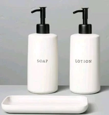 Hearth And Hand 3pc Stoneware Soap & Lotion Pump Set Matte Cream W/ Tray NEW!