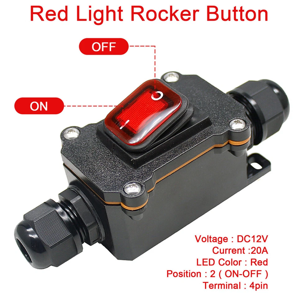 2Pcs Inline Cord Switch 20/30A Red LED Light ON Off Switch Waterproof Outdoor - Image 4 of 4