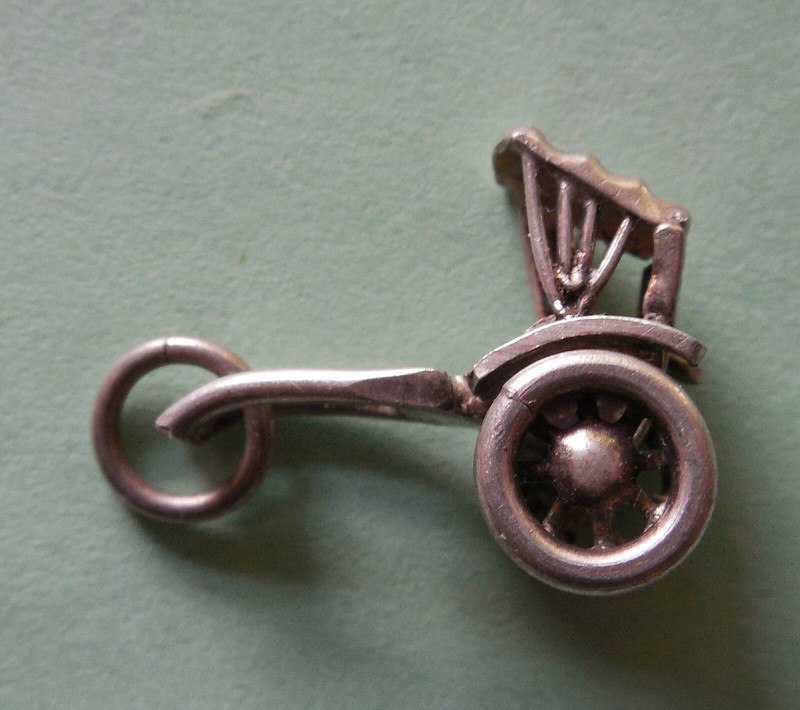 Vintage Silver Mechanical Rickshaw Carriage/ Buggy Charm - Wheels Turn!
