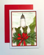 Ocracoke Lighthouse, beautiful snow scene, OBX  Christmas,  notecard #585