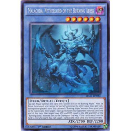Malacoda, Netherlord of the Burning Abyss SECE-EN085 YuGiOh Secrets of Eternity trading card — raw and PSA graded price guide