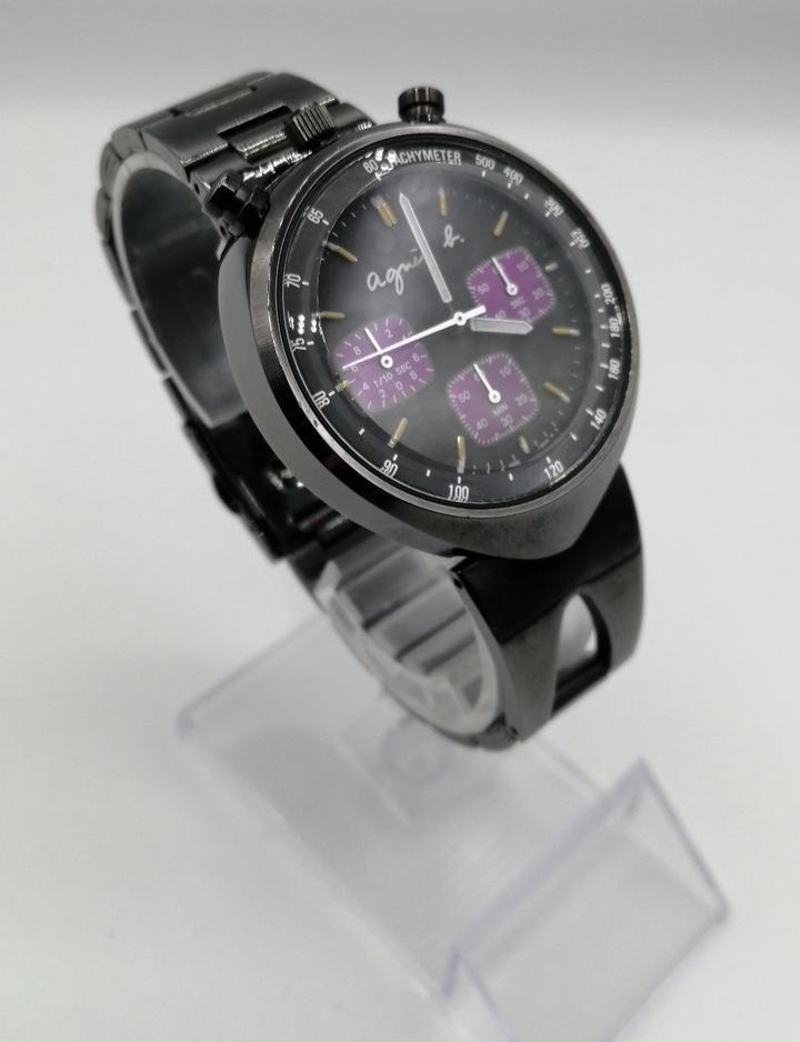 Seiko agnes b V655-7010 Chronograph men Qz Black purple Watch