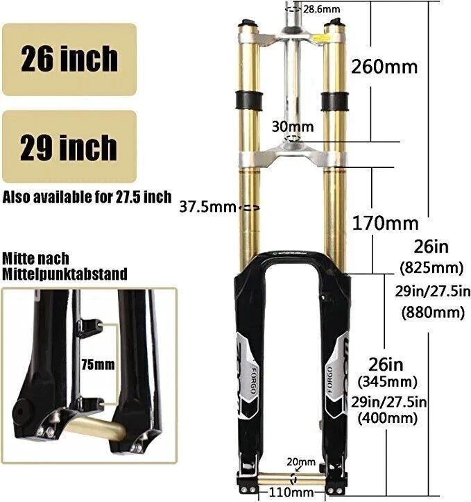 Downhill 26/27.5/29" MTB Bike Suspension Fork 110*20mm Thru Axle Lockout Disc US - Image 2 of 4