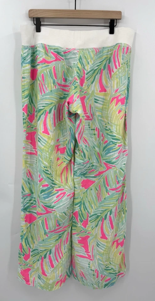 Pantalones Lilly Pulitzer Mujer XL Rosa Verde Pierna Ancha Lino Pull On Preppy Foto 3 de 4