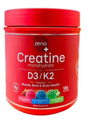 Zena Creatine Monohydrate + D3/K2 Assorted flavor Gummies, 180 Count, Exp:06/27