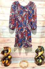My Michelle Women's Blue Red Paisley 3/4 Sleeve Mini Dress Boho Size Medium