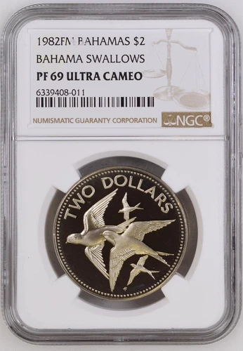 1982 BAHAMAS Islands BIRDS SWALLOWS Proof 2 Dollars Coin - NGC PF69 UC