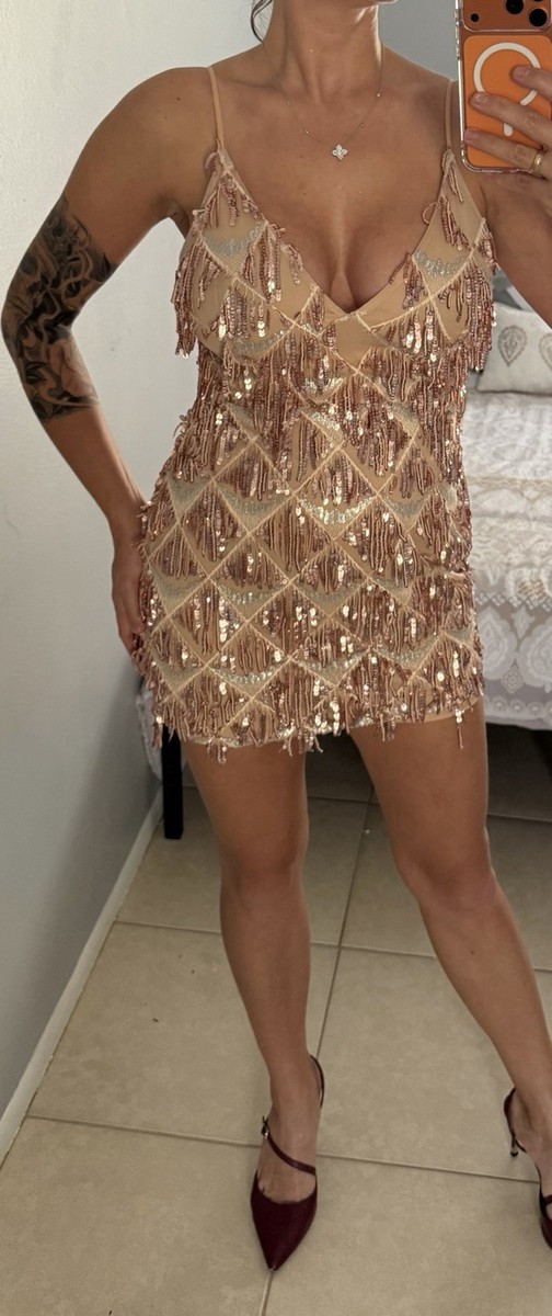 hot miami styles rose gold dress Hot Miami Styles Rose Gold Sequin Mini Dress | Fits M | Modeled on Size M