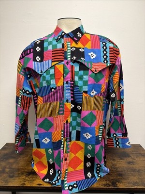 Vintage Roughrider Circle T Aztec Western Button Up Shirt Mens XL Rodeo