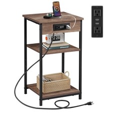 3Tier Side Table Charging Station USB Ports Nightstand Adjustable Shelf Brown