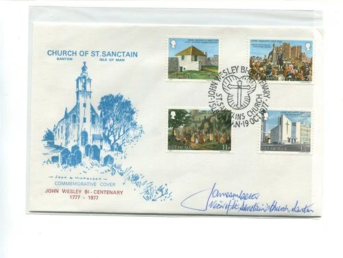 Isle of Man 1977 Wesley FDC, St Sanctians church, Autographed