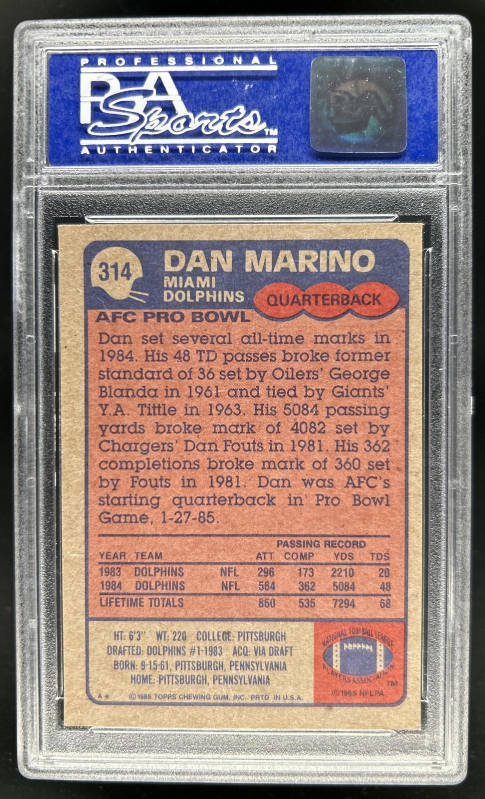 1985 Topps Dan Marino #314 Dolphins PSA 7 view 2