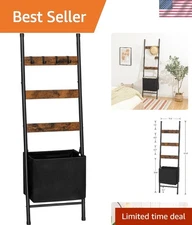 Blanket Ladder with Basket Towel Rack with Hooks Rustic Brown 17.3 Inch