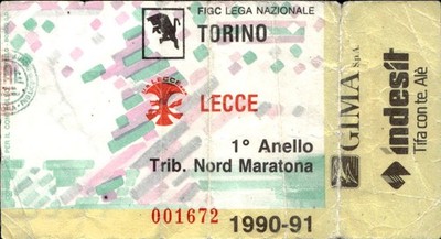 Turin vs Lecce Serie A Stadium Ticket 1990-91 Grandstand North Ring 1�
