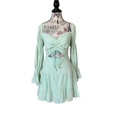 Chicways Eyelet Lace Mini Dress Womens L Mint Green Cutout Bell Sleeve NWT