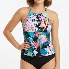 Raisins Tankini Top Pink Black Floral High Neck Tropical Cutout Back Swim S NWT