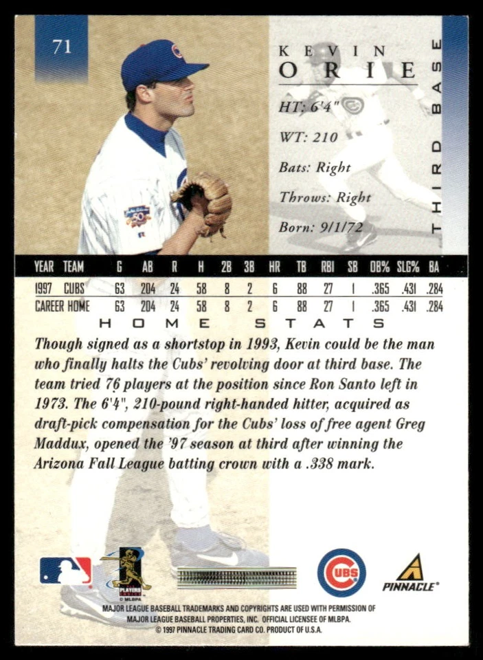 1998 Pinnacle #71 Kevin Orie Very Good - Image 2 of 2