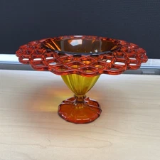Vtg Orange Glass Compote Pedestal Dish Footed Bowl Vase Lace Lattice Tangerine