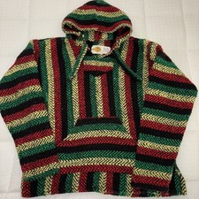 Poncho Multicolor Striped Knit Mexico Baja Rasta Pullover Hoodie Size Large
