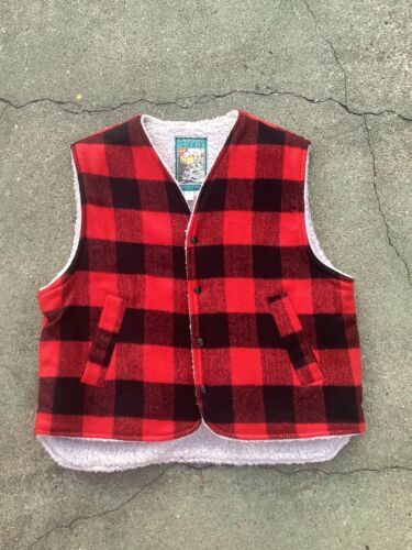 Canyon Guide Outfitters Buffalo Plaid Wool Vest Fleece Lined Red Black Sz L Vtg - Picture 1 of 3