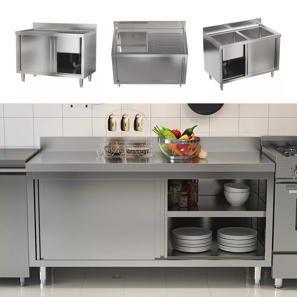 Stainless Steel Catering Sink Kitchen Drainer Unit Storage Cabinet Work Bench UK