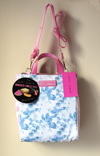 Betsey Johnson Zip Top Lunch Tote Bag w Strap - Pink/Blue Floral
