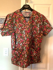 TAFFORD Brown Floral Uniform Scrub Top Size Small