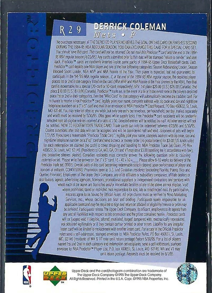 1994-95 Upper Deck Rebounding Predictor Redemption R29 Derrick Coleman - Nets - Image 2 of 2