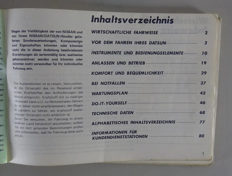 Manuale Di Istruzioni Nissan / Datsun Cherry Tipo N10 Data 06/1980 - Immagine 2 di 2