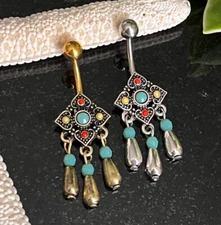 1pc Tribal Square Flower Belly Ring w/ Bead Dangles Navel Naval Piercing