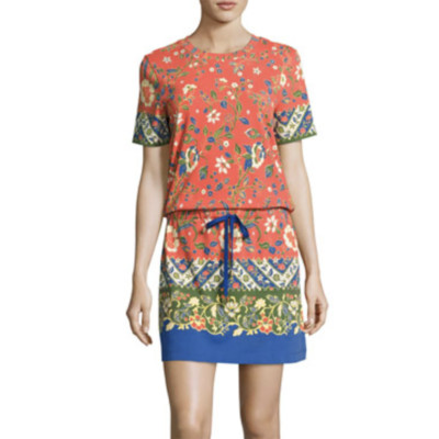 Tory Burch Jessie Samba Batik Print Floral Tee T Shirt Dress Red Blue Cotton XS