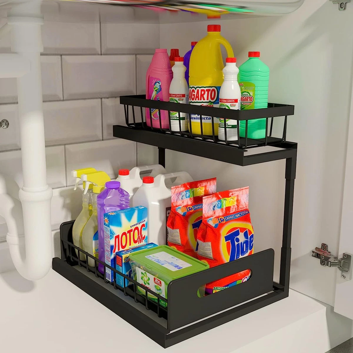 Under Sink Organizer, REALINN 2-Tier Pull Out Cabinet Organizer Black