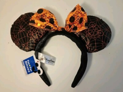 New With Tags Disney Minnie Ears Halloween Mouse Sequin Bow Spider Web