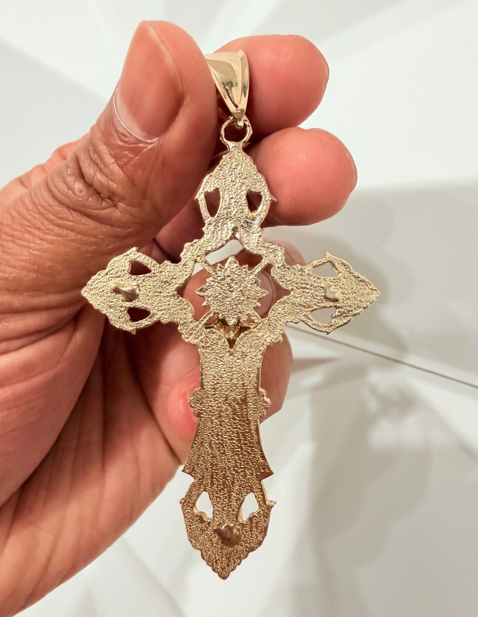 14k Yellow Gold Double Sided Engraved Cross Charm Pendant for Women