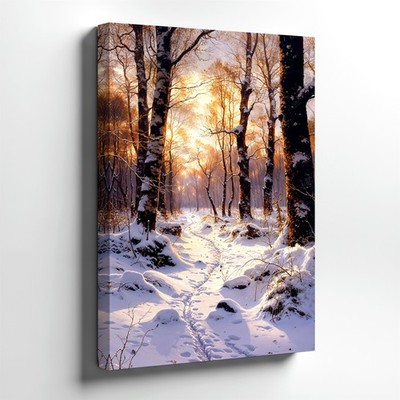 Wall Art Snowy Forest Path Winter Landscape Birch Trees Sunset Studio Decor