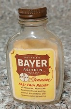 Vintage Bayer Aspirin 100 Tablets Glass Bottle Embossed W/ Labels And Brown Cap