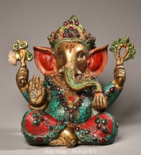 10.2''Tibet Bronze Gilt Inlay Turquoise 4 Arms Elephant Mammon God Buddha Statue