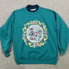 Vintage Landn Sea Sweater Size Small Teal Floral Flowers Double Collar 90s USA