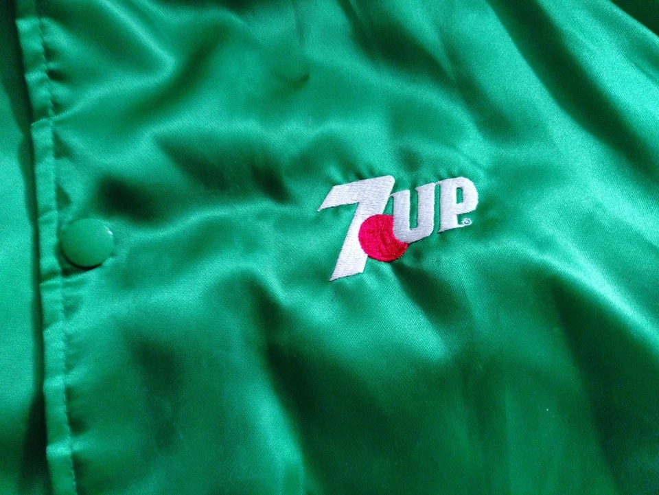 L Green Vintage 7-UP Soda hartwell Satin Bomber Jacket. Retro shiny varsity - Image 2 of 4