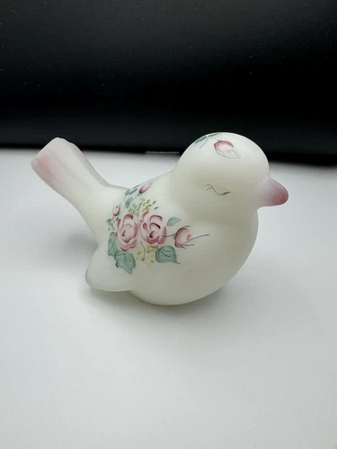 Vintage Fenton Rose Garden Opal Satin Glass Songbird Hand Painted Signed