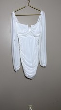 White Ruched Mini Dress Womens XL Long Sleeve Puff Shoulder Mesh Bodycon Party