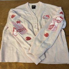 HELLO KITTY Sanrio Sweater Cardigan Pink Strawberry MilkShake Patches Size M