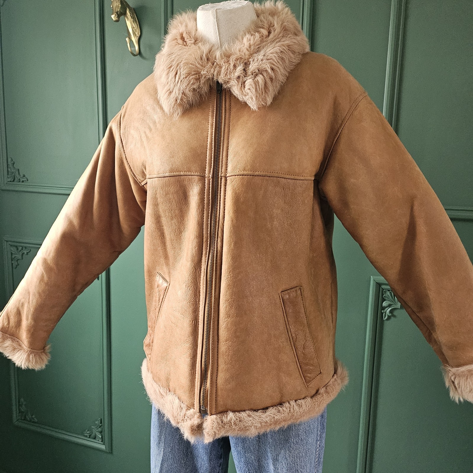 Vintage British Shearling Jacket UK 14 Tan Suede Aviator Coat Made in England image 3