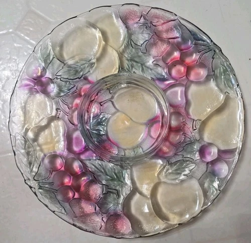 Vintage Iridescent Carnival Glass Relish Tray Grape & Leaf Pattern Center Dip...