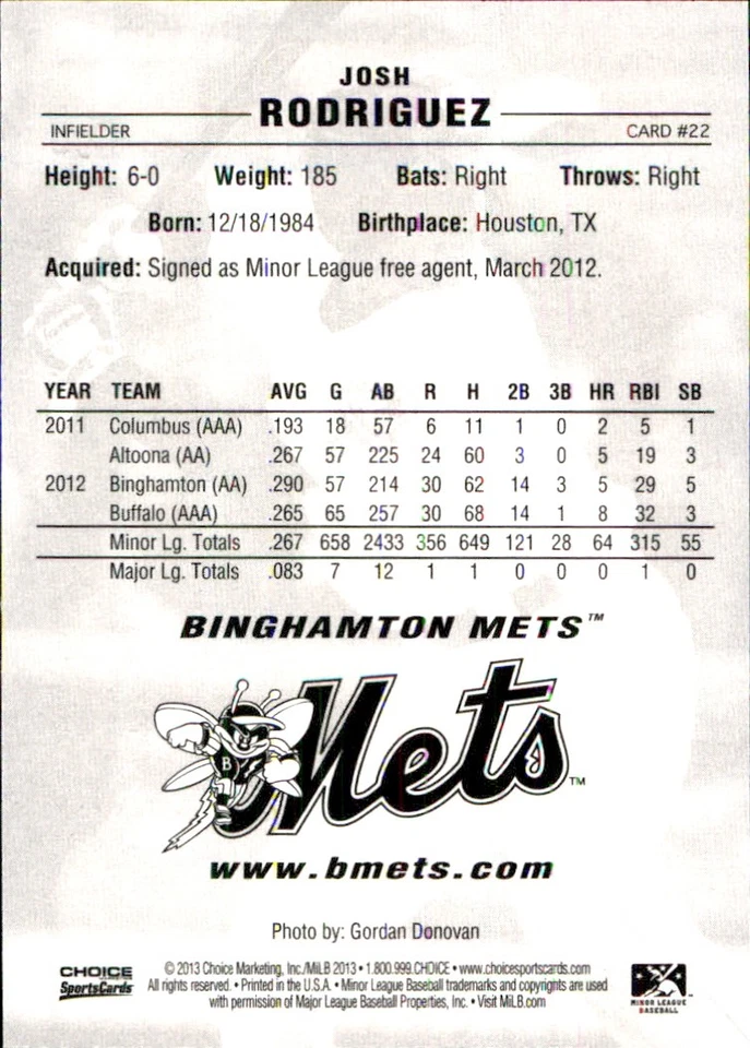Josh Rodriguez 2013 Choice Binghamton Mets #22 RC FREE SHIPPING AutographDen - Image 2 of 2