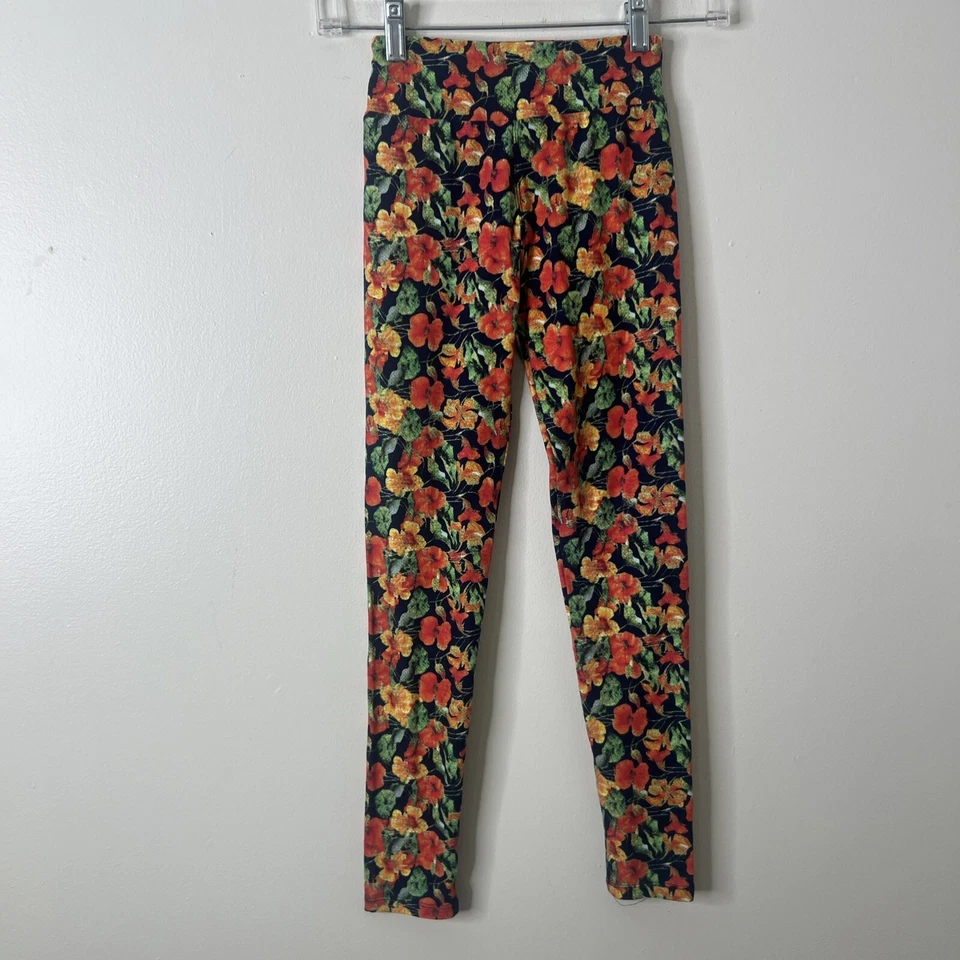 LuLaRoe Tween Leggings Flowers Blue & Orange Soft Stretch - Image 2 of 4