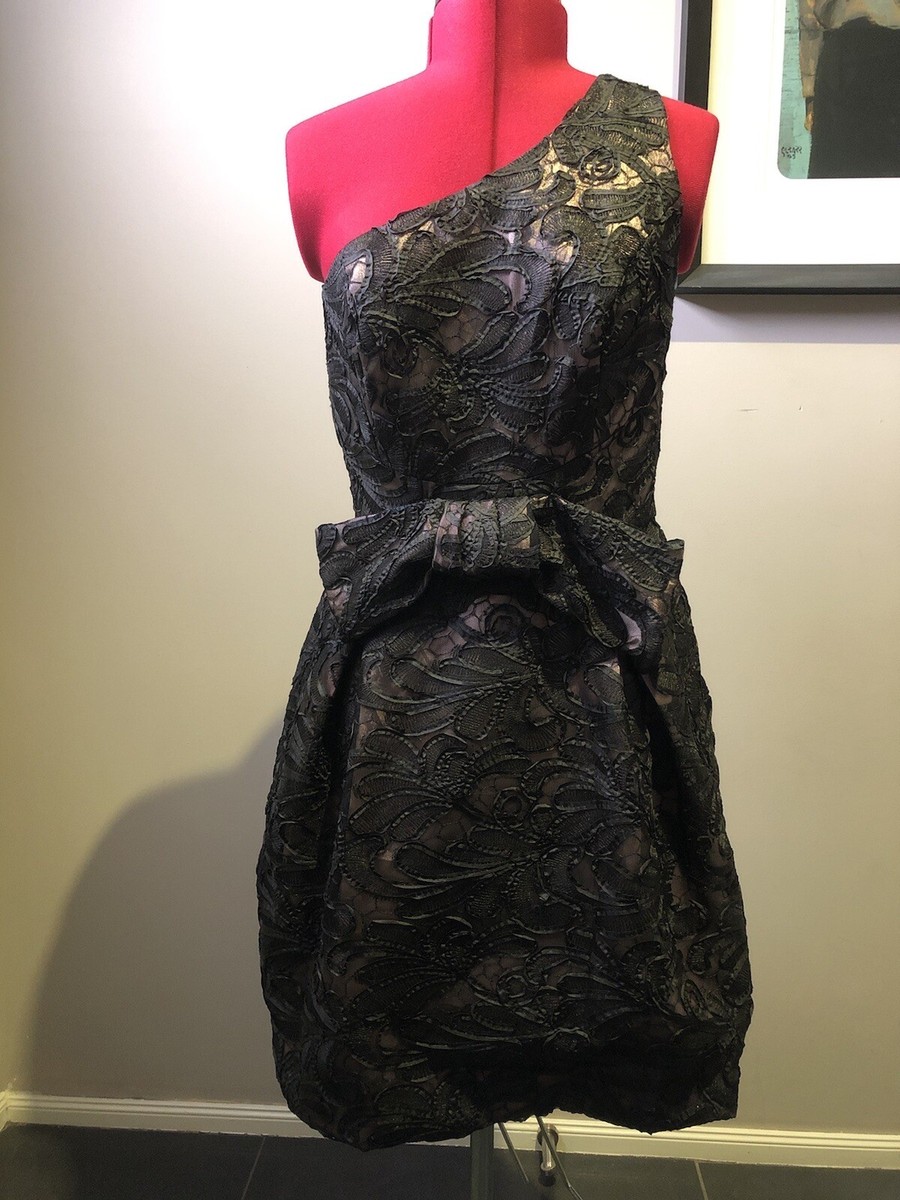 NWT Jill Stuart Black One Shoulder 3D Lace Dress, Saks Fifth