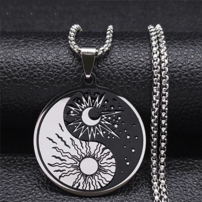 Unisex Chain Necklace Sun Moon Pendants Yin Yang Necklaces Stainless Steel 1Pc