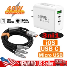 PD 40W Fast Wall Charger Power Adapter & 3ni1 Cable For iPhone 15 14 Samsung S23